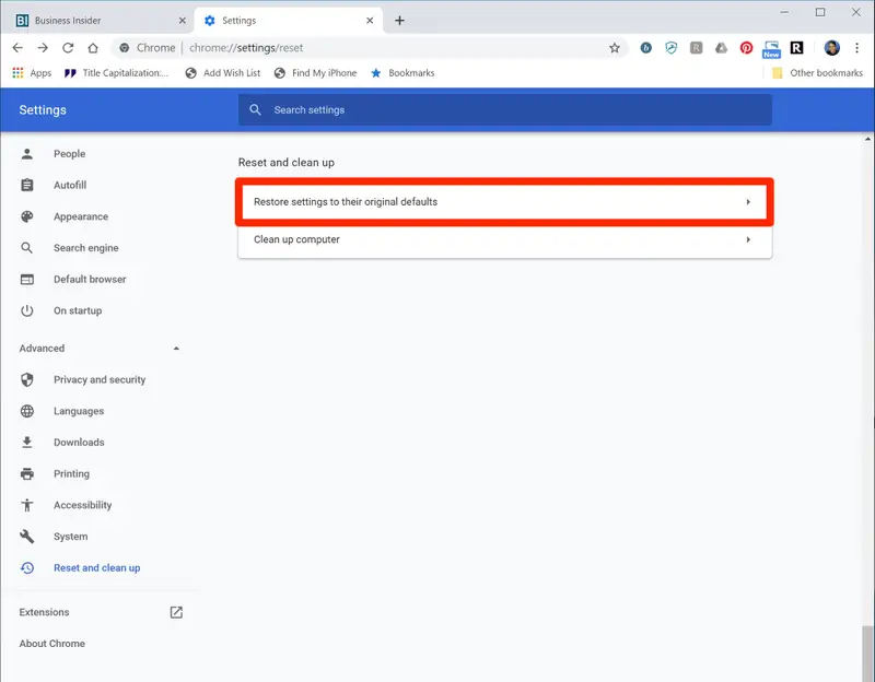 Restore Chrome to the Default settings