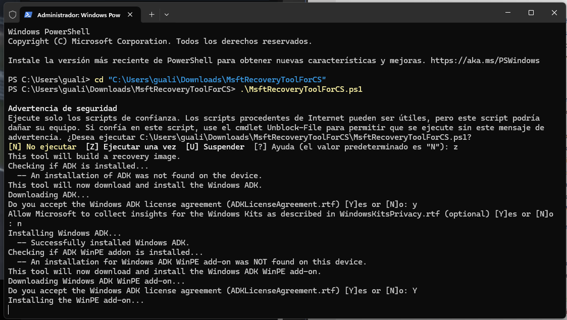 PowerShell terminal during execution of MsftRecoveryToolForCS.ps1 script for installing WinPE plug-in for Windows ADK