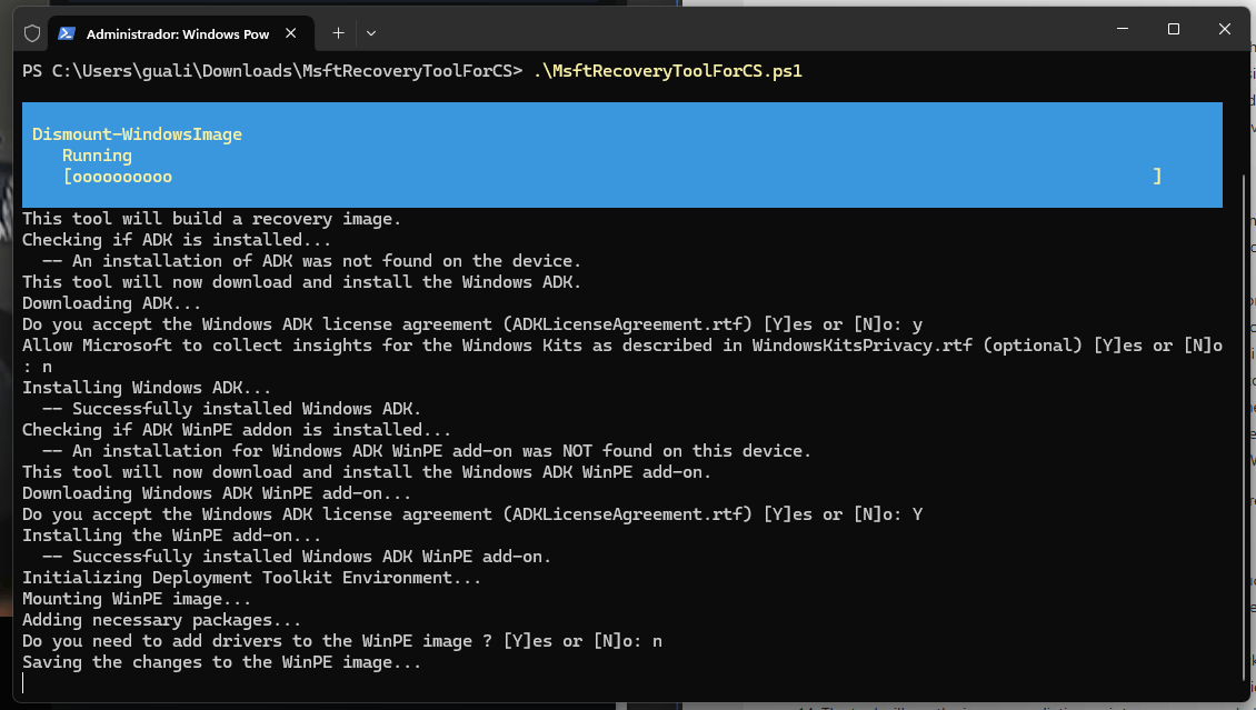 PowerShell terminal during execution of MsftRecoveryToolForCS.ps1 script asking for addition of additional drivers in the image to be created