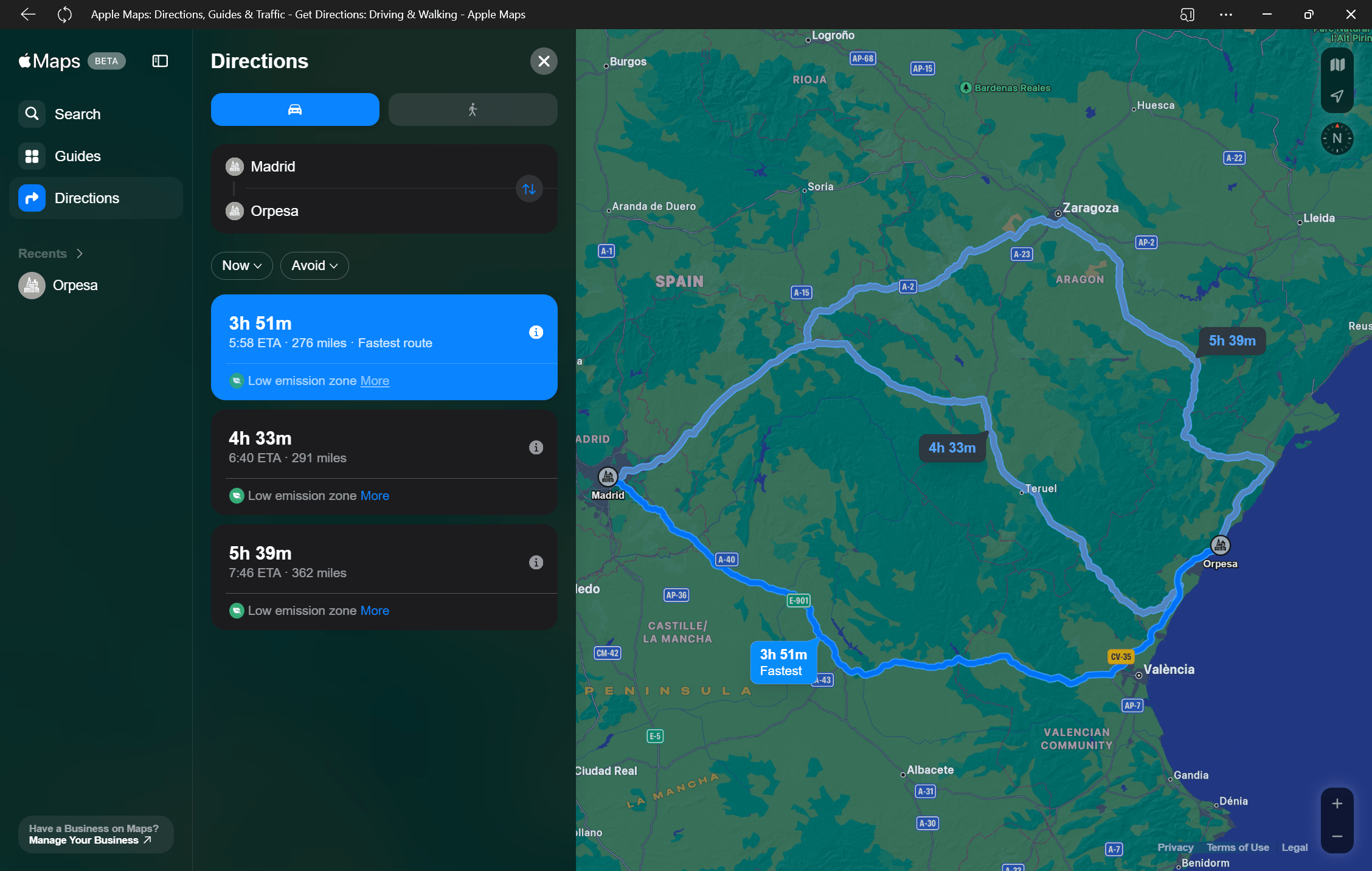 Screenshot of Apple Maps on Windows showing the car route Madrid - Orpesa