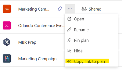 The option to share the link in Planner