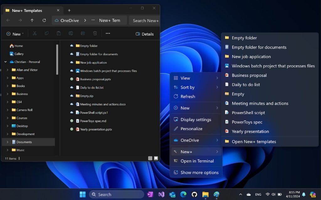 The context menu in Windows 11 showing the new options