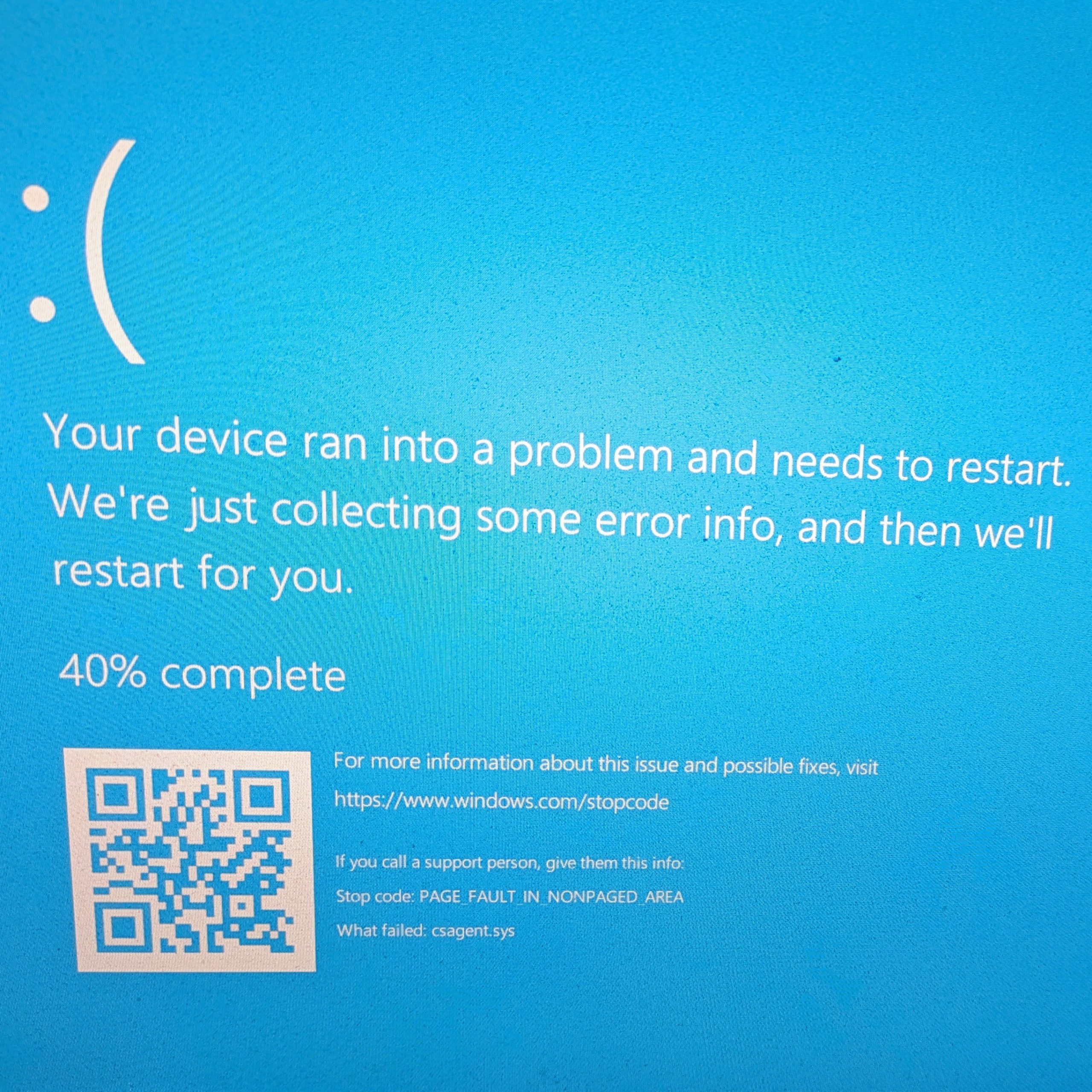 Blue Screen of Death (BSOD) with error code "PAGE_FAULT_IN_NONPAGED_AREA" and failed file "csagent.sys"