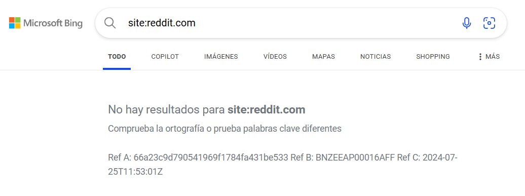 Screenshot showing a Reddit platform blocking Bing and other alternative search engines to Google. 