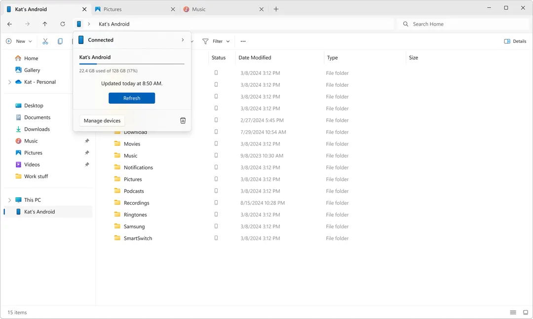 Android phone showing up in Windows 11 File Explorer