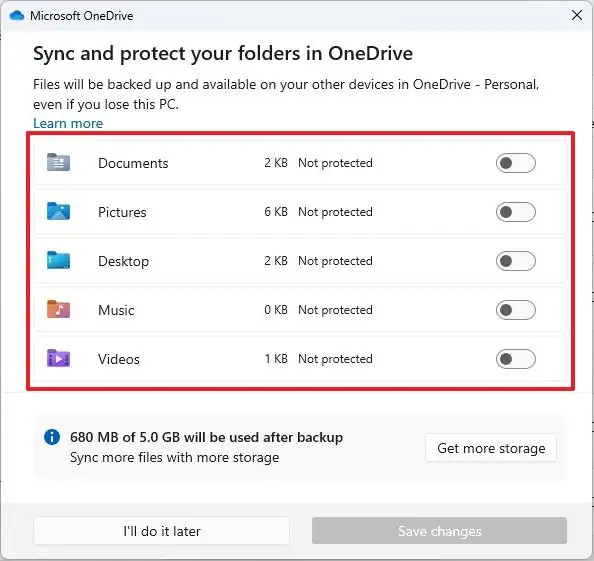 sync folders to backup to OneDrive cloud