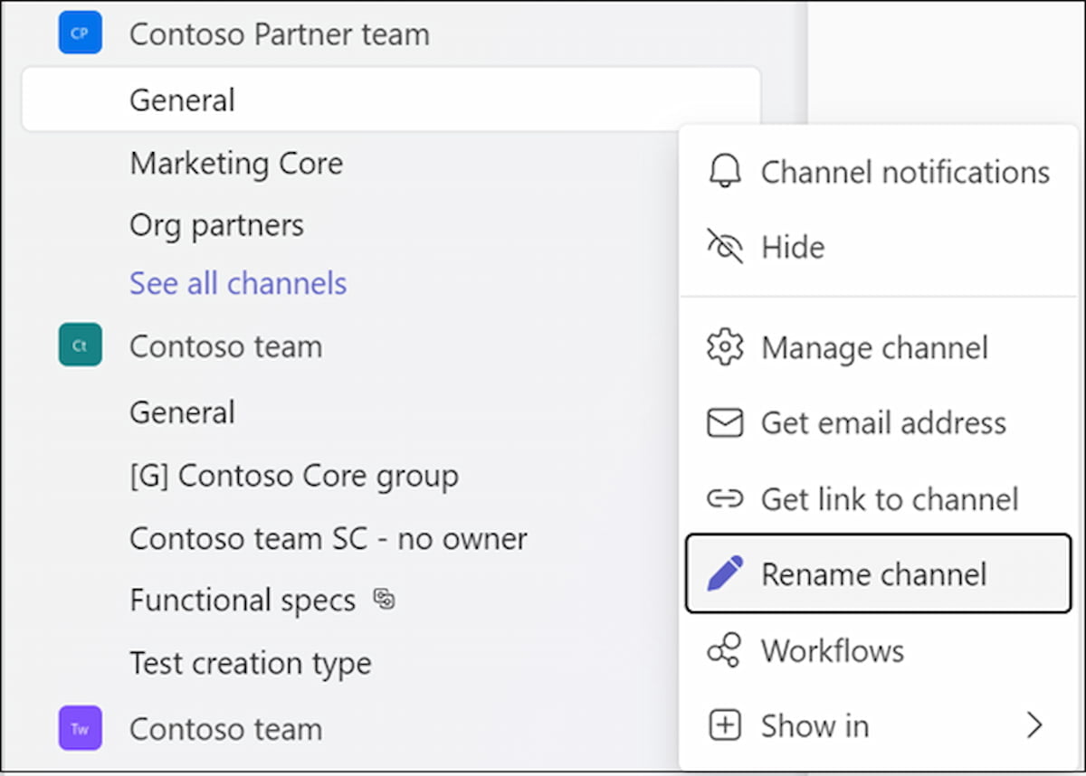 Image of how the rename function is displayed in the Microsoft Teams General channel