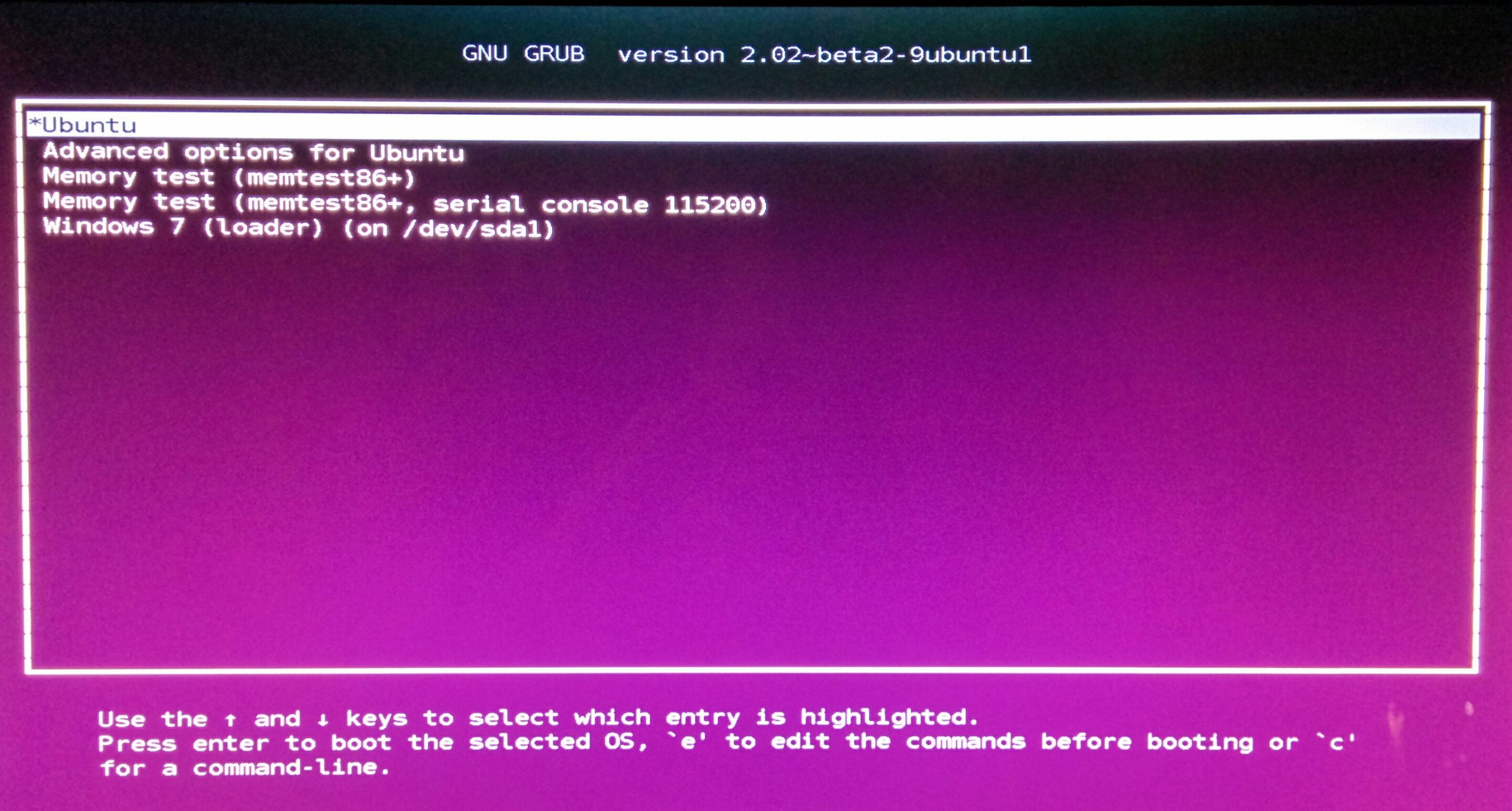 Picture of the GRUB2 bootloader on a dual boot system with Linux Ubuntu and Windows 7