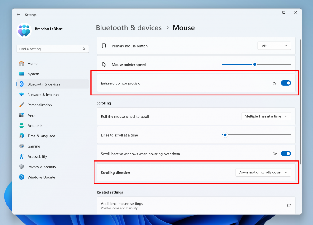 Image of the Settings app with the option to disable enhanced mouse precision