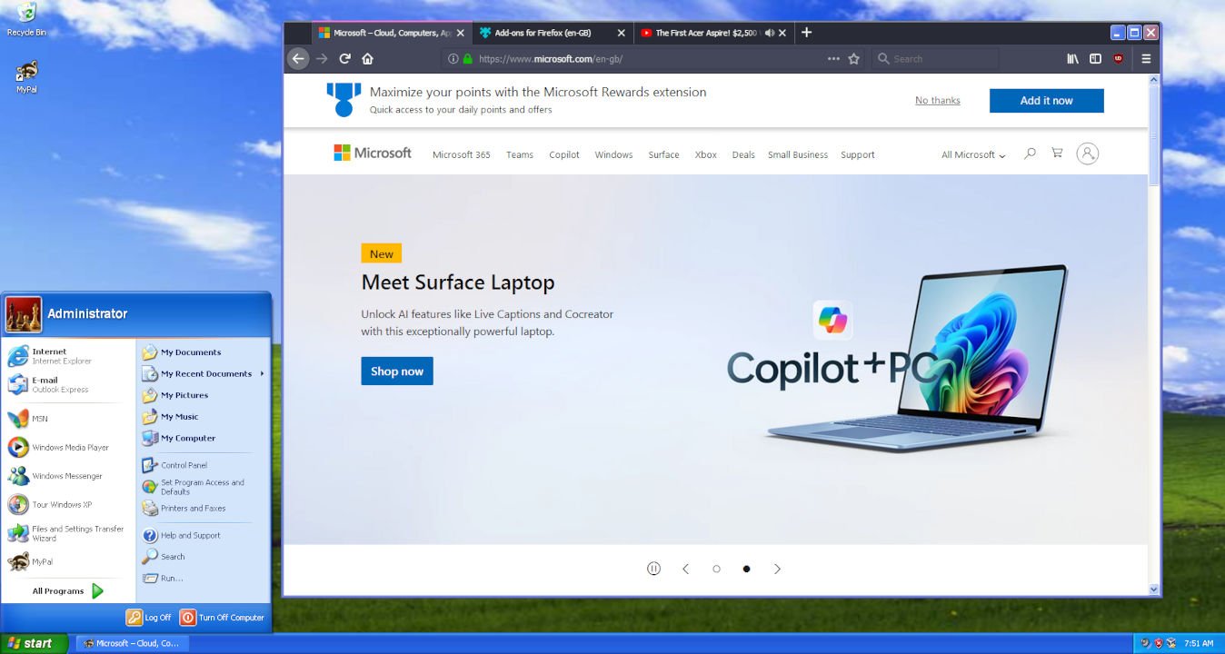 Screenshot of the MyPal68 web browser on Windows XP with the Microsoft website loaded showing the Copilot+ PC promotion