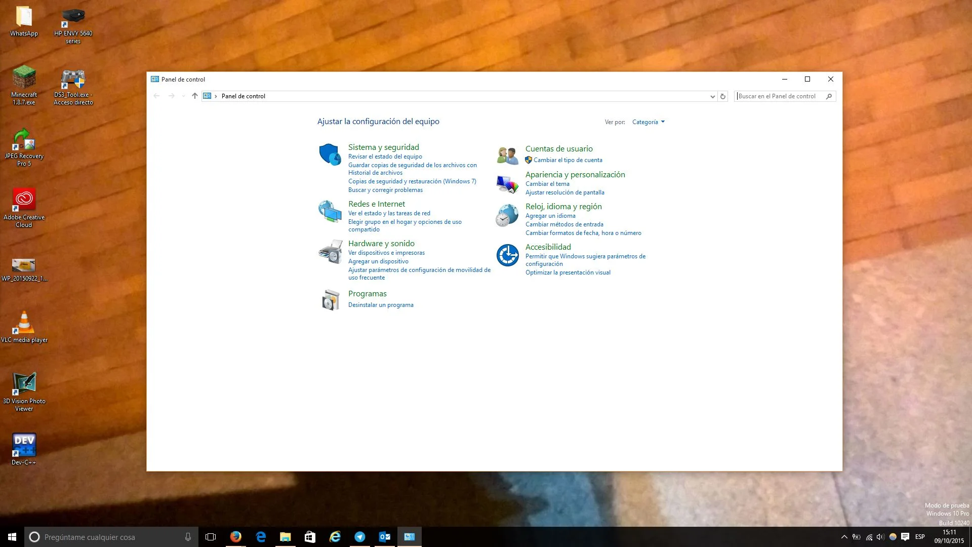 Screenshot of the Control Panel window in Windows 10