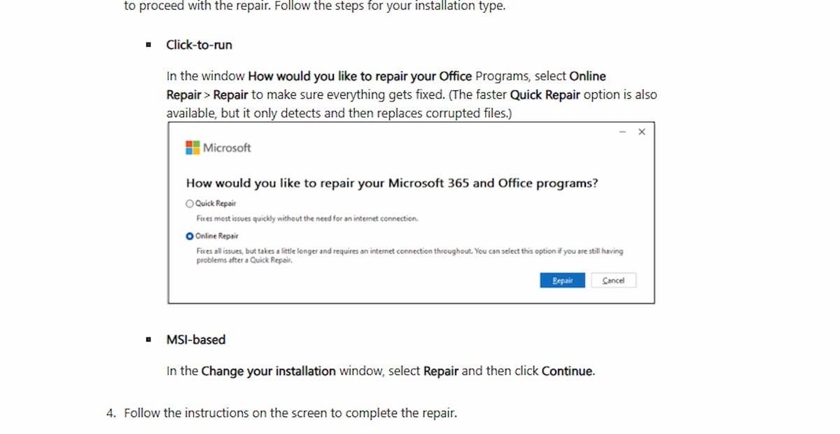 Image showing online repair of Office 365