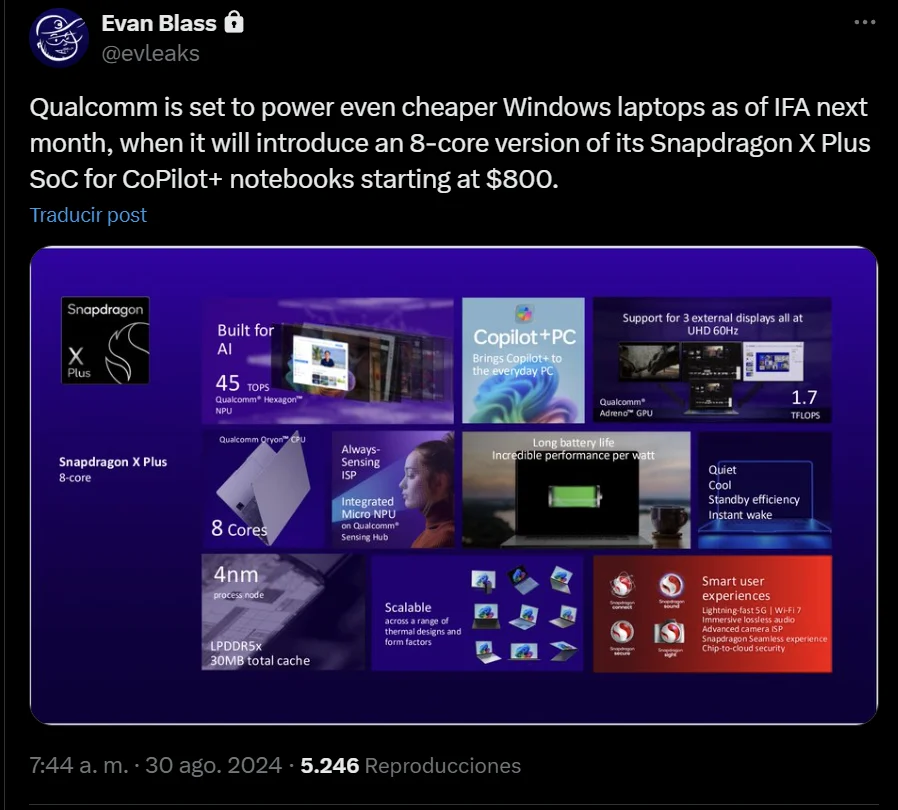 Evan Blass' tweet leaking information about the new 8-core Snapdragon X Plus
