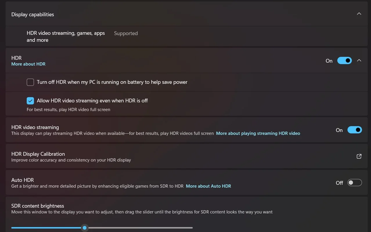 Screenshot of Windows 11 Settings showing the ability to automatically enable HDR when streaming video that supports it.