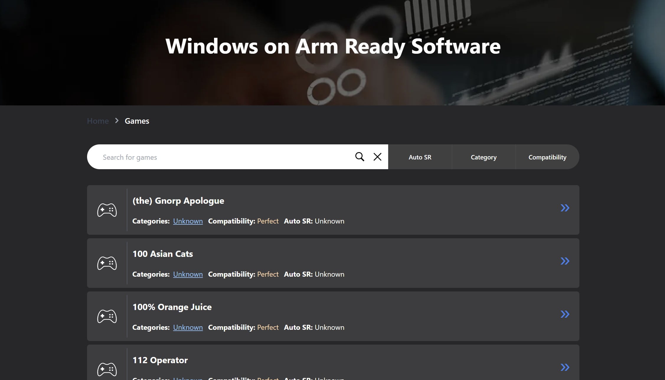 Web page showing a list of games compatible with Windows on ARM