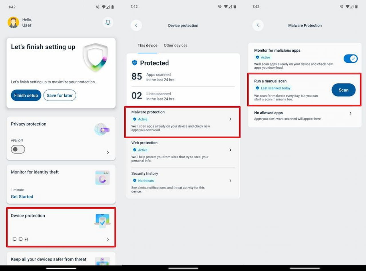 Image of the procedure to perform a malware scan from Android