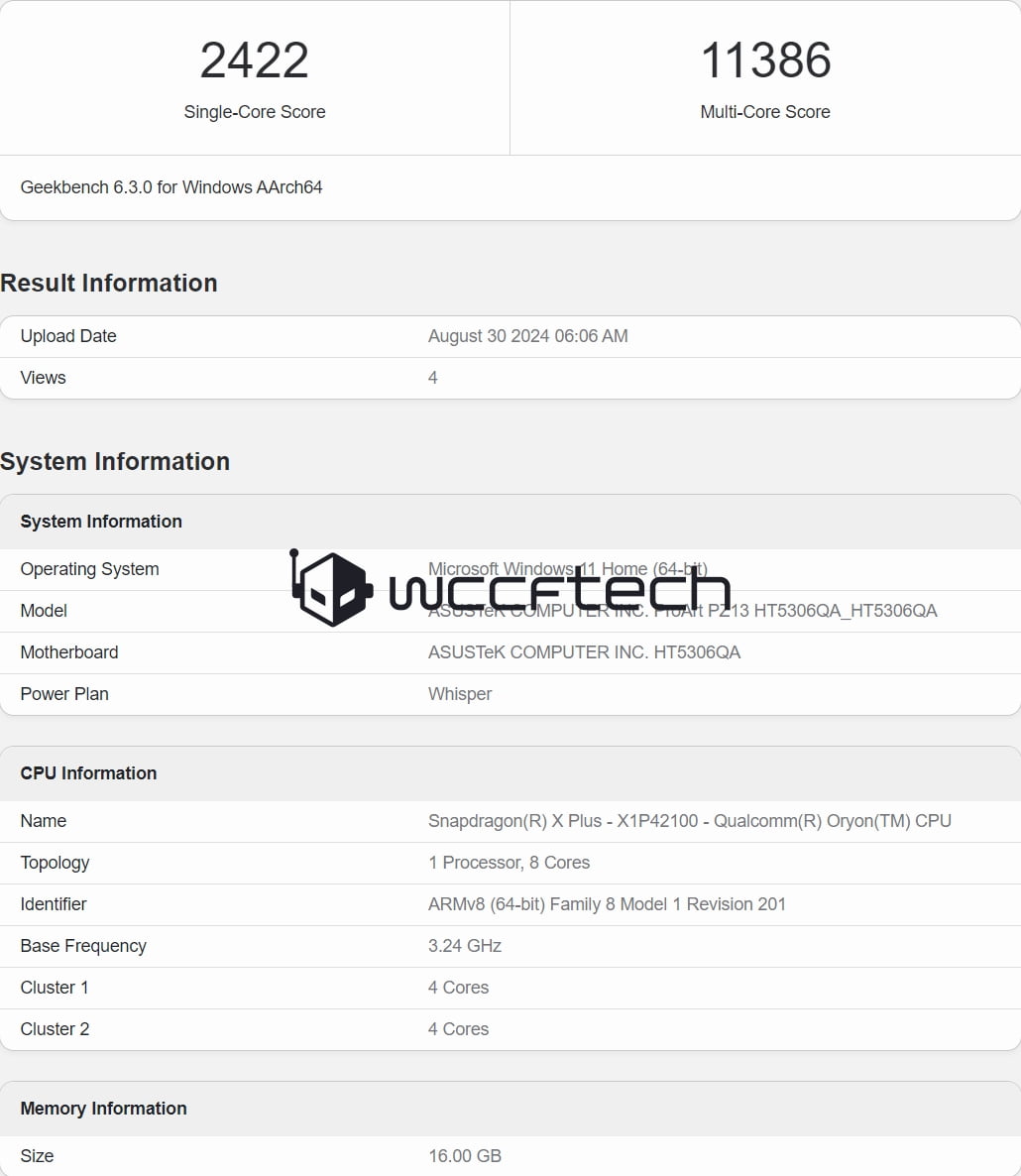 Geekbench of the 8-core Snapdragon X Plus