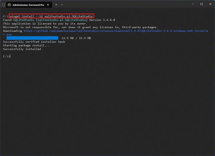 Windows 11 Command Prompt Image to Add SQLite