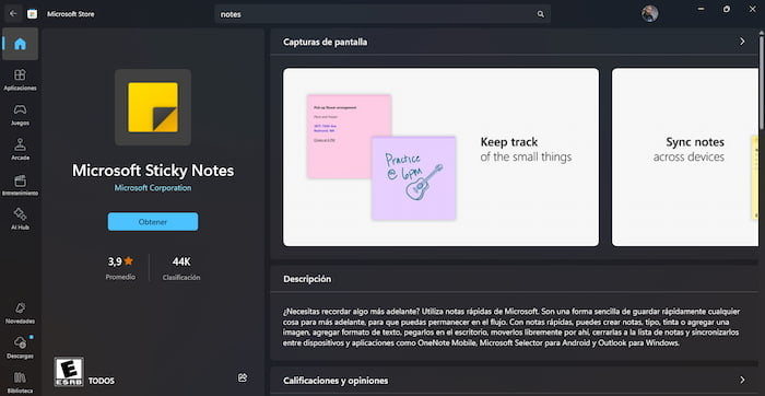 Image of the Sticky Notes description sheet in the Microsoft Store