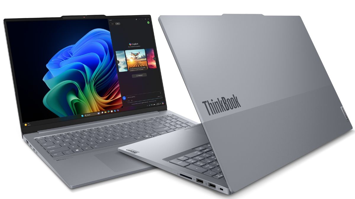 Promotional image of the Lenovo ThinkBook 16 in gray with Snapdragon X Plus processor