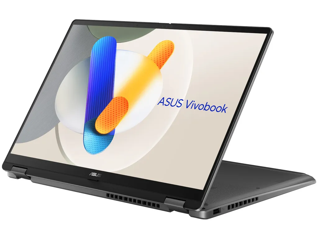 Promotional image of the ASUS Vivobook S 14 Flip with the keyboard facing down and the screen tilted