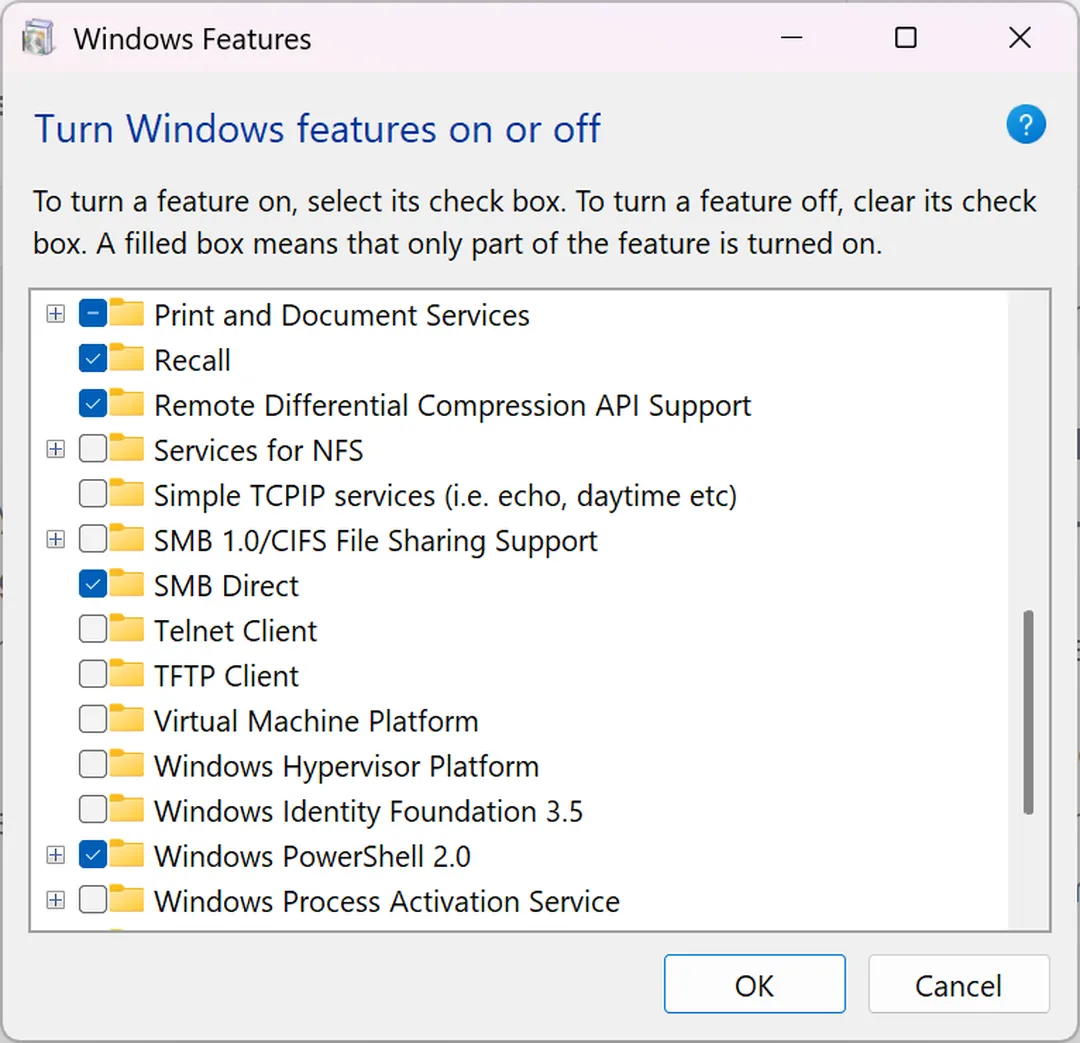 Screen to disable Windows 11 features, including Recall.