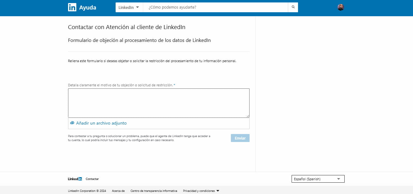 Image showing the text field of LinkedIn's data processing objection form