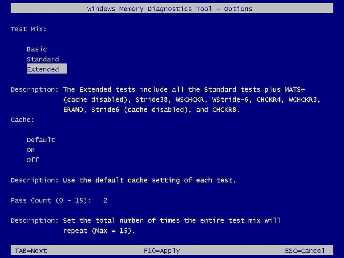 Image showing the memory diagnostic tool interface and its scanning options