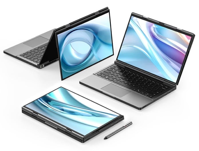 Image of the GPD Duo used as a regular laptop, as a tablet and as a foldable