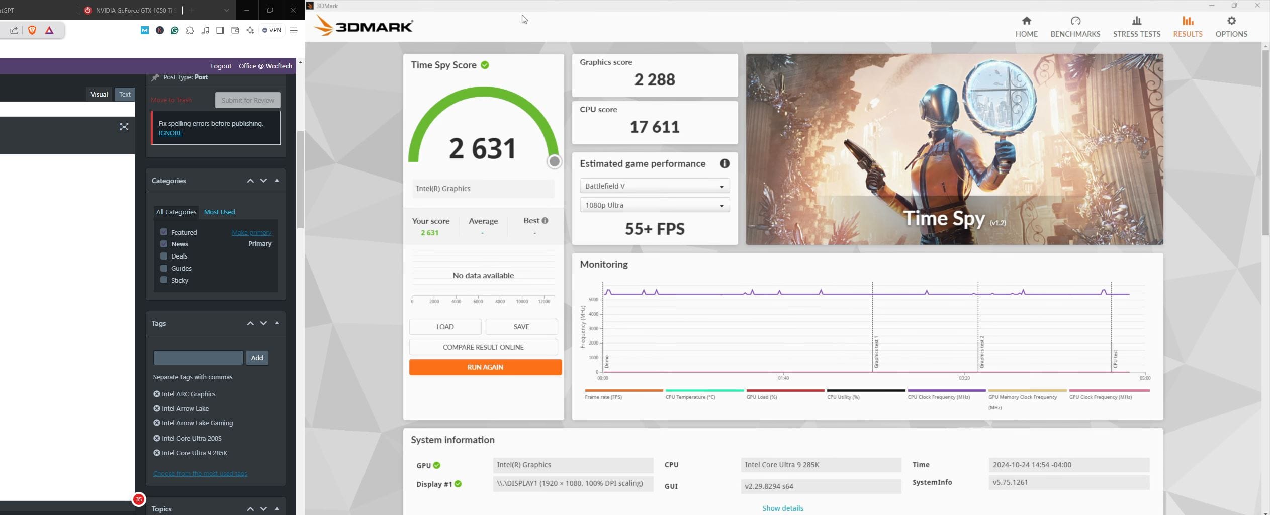 3DMark Time Spy test result with a graphics score of 2288 for Intel Arrow Lake