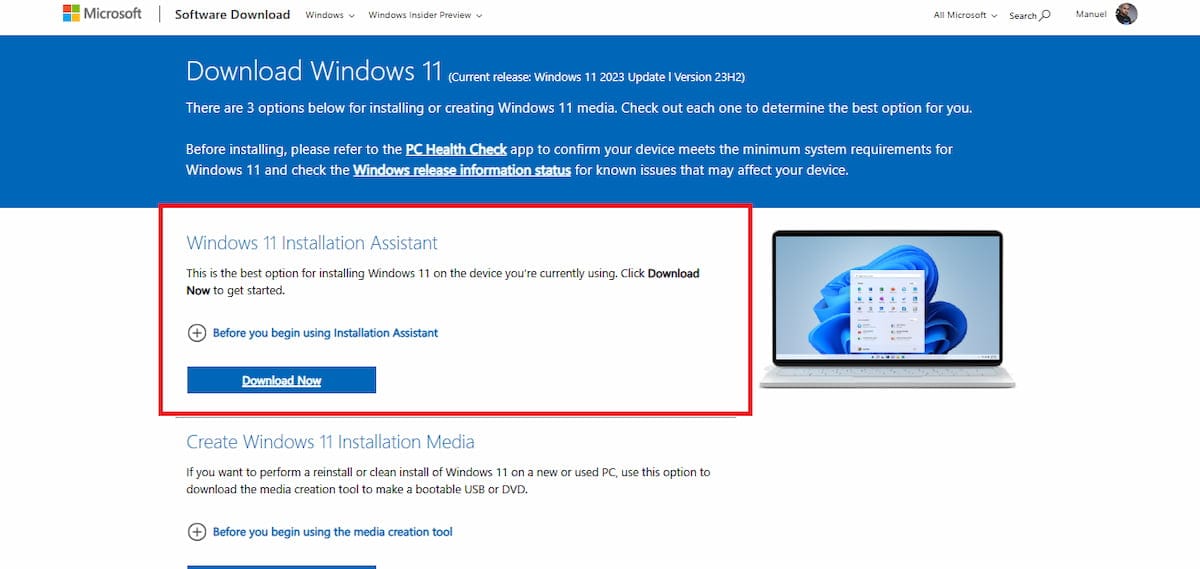 Screenshot of the Microsoft website to download the Windows 11 installation assistant