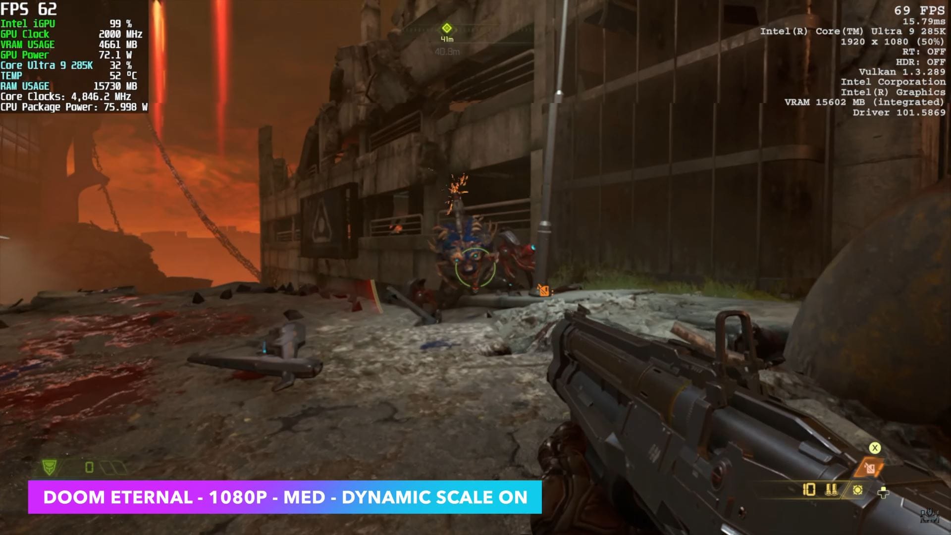 Screenshot of Doom Eternal showing a refresh rate of 62fps