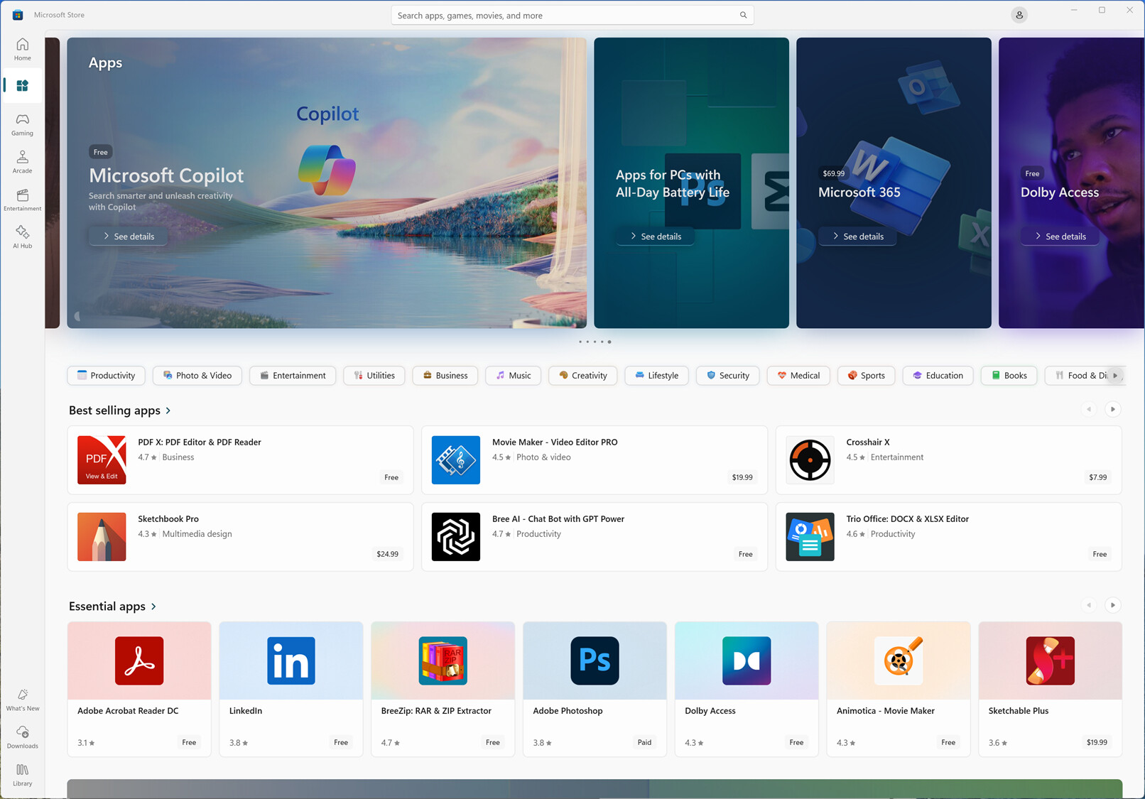 An image capture of the Microsoft Store with the new categories