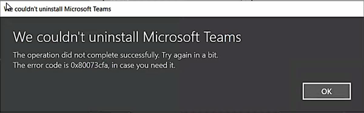 Image showing an error when uninstalling Microsoft Teams