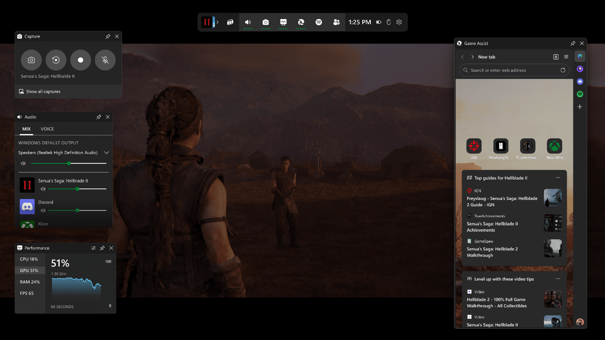 Screenshot of Hellblade II with the Game Bar widgets open, including Game Assist on the right side suggesting guides for the game