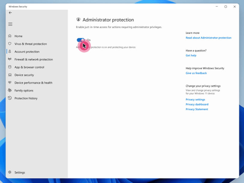 Screenshot of the Windows Security app with the option to enable or disable Administrator Protection