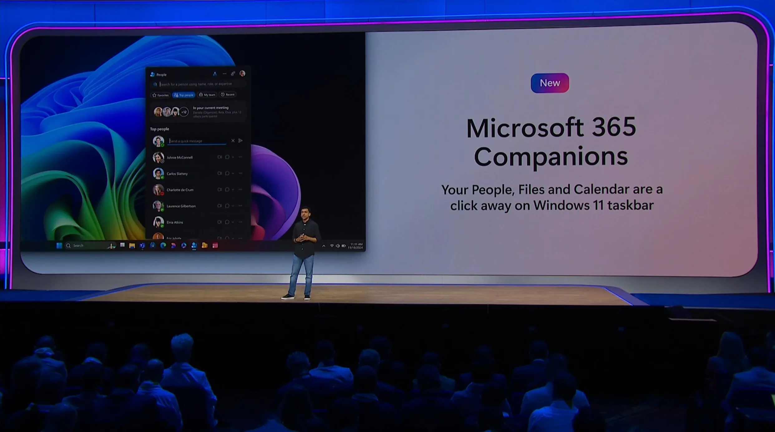 Introducing Microsoft 365 Companions at Ignite with a slide showing a window above the taskbar containing recent contacts