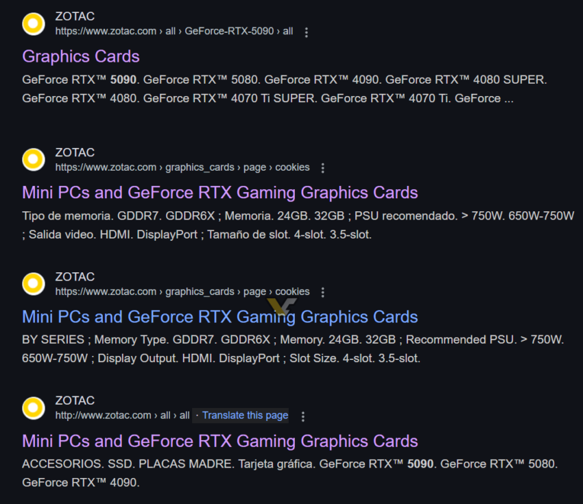 RTX 50 Series Listed on Zotac Google