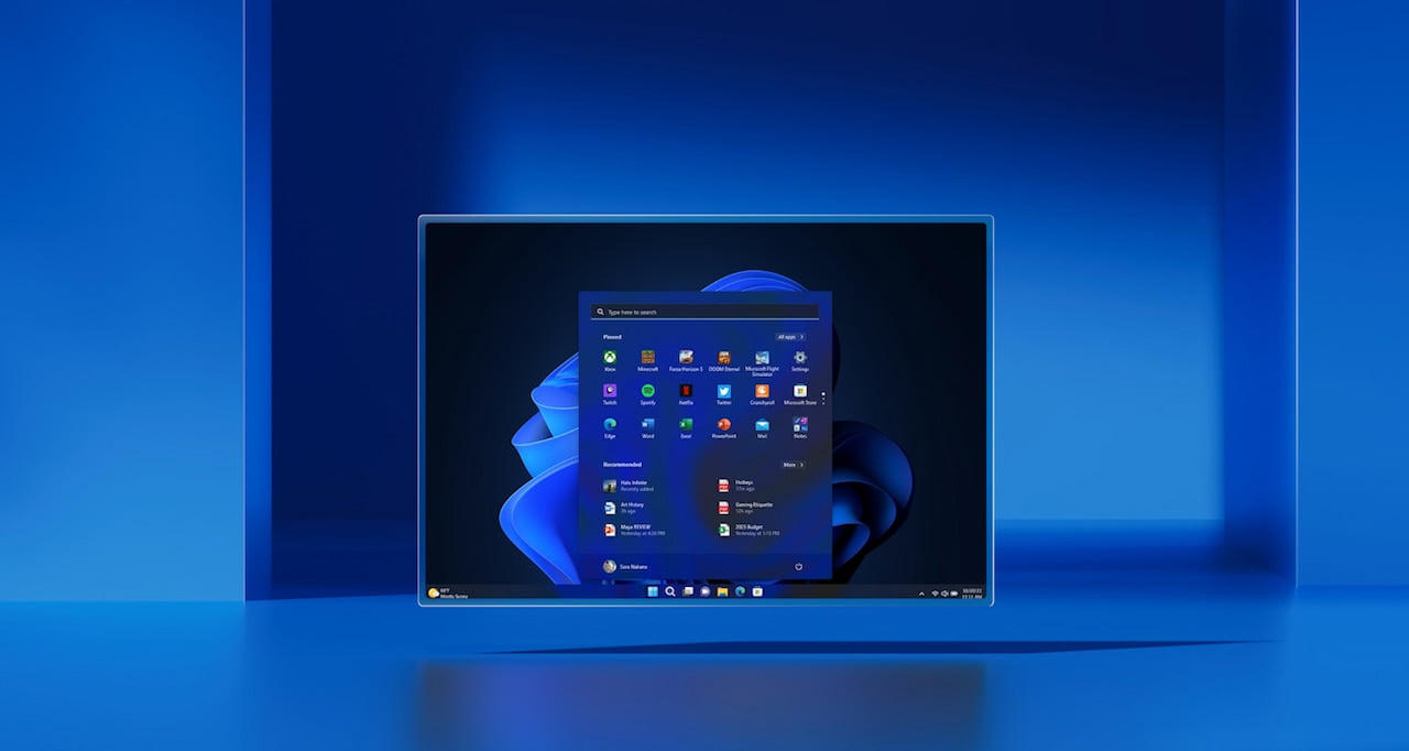 Promotional image of Windows 11 in which we can see the Start Menu open on the Bloom wallpaper in dark theme.