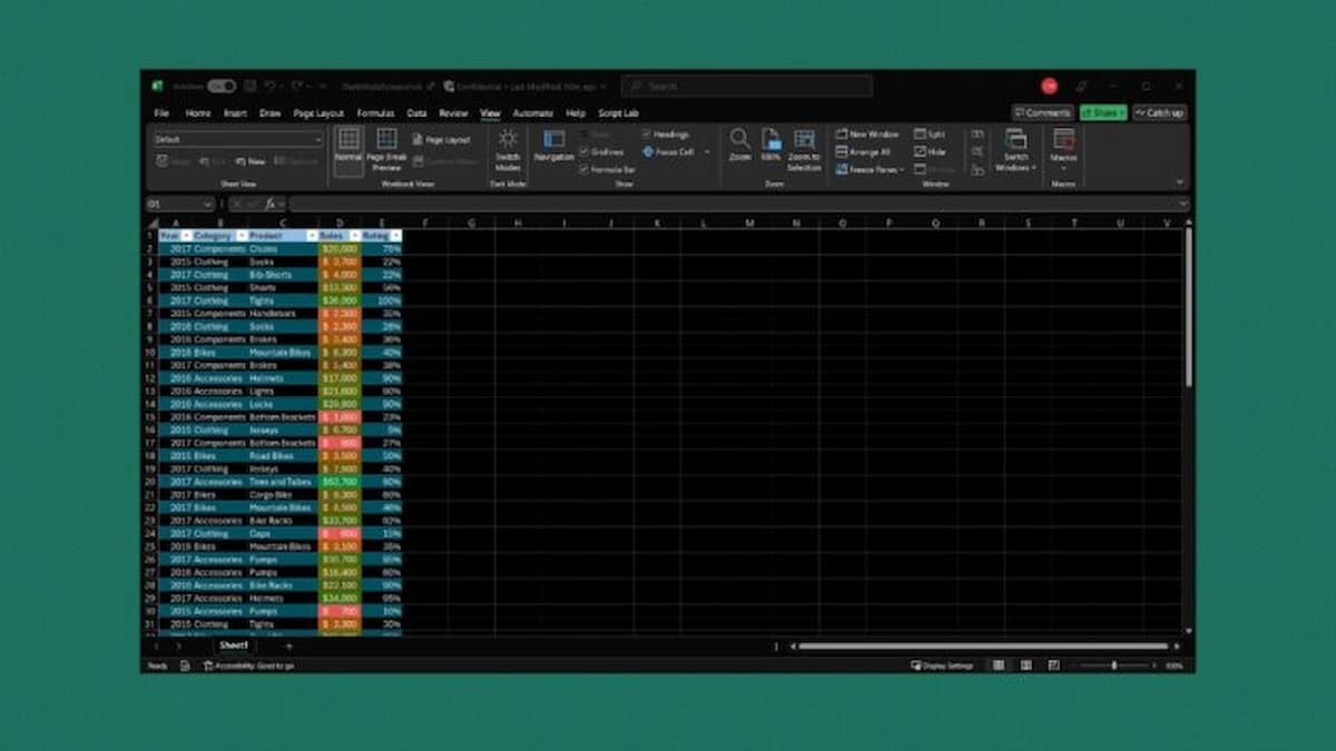 Image of the new Excel dark mode for Windows