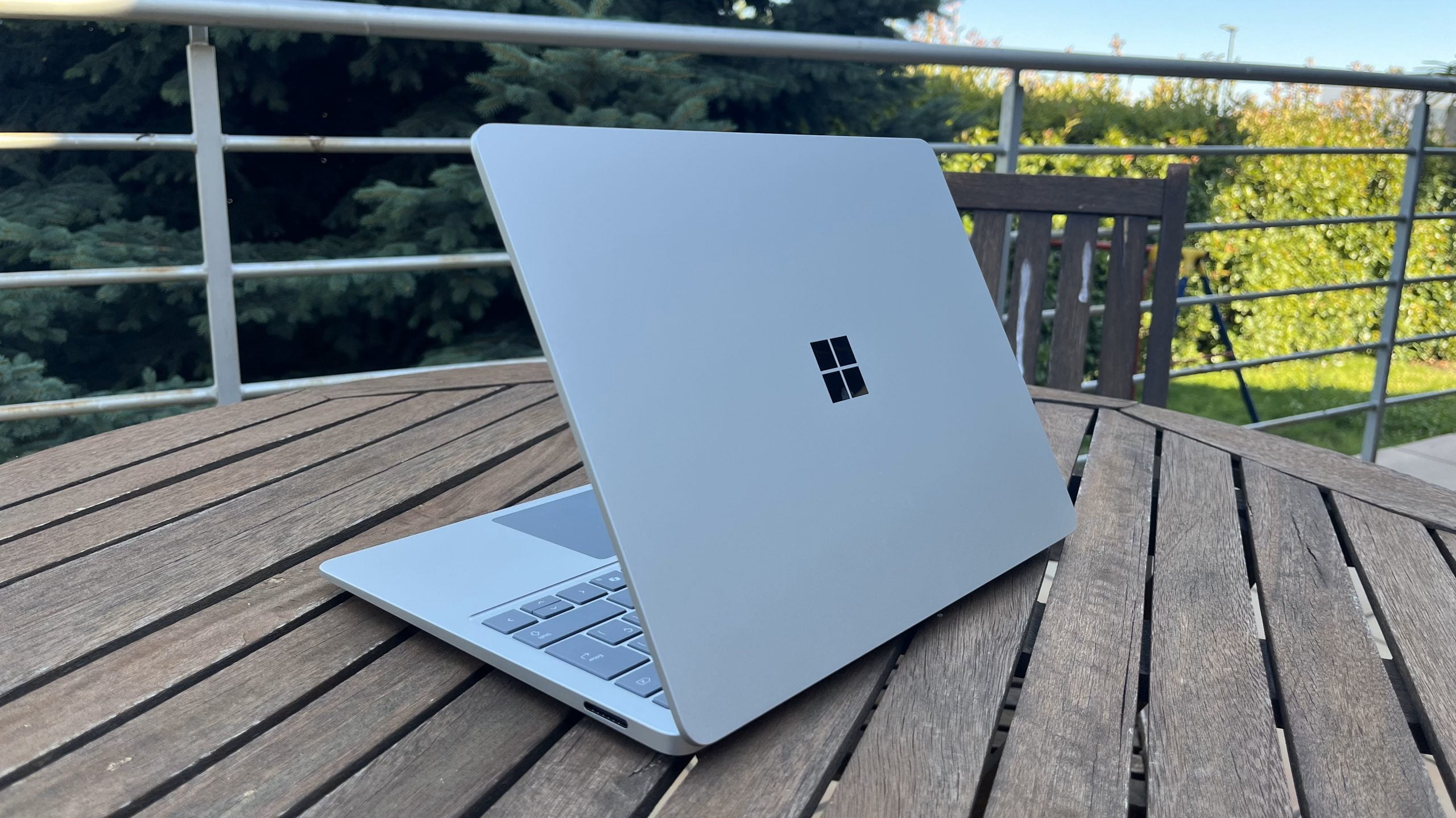 Back of the 13-inch Surface Laptop 7 in platinum